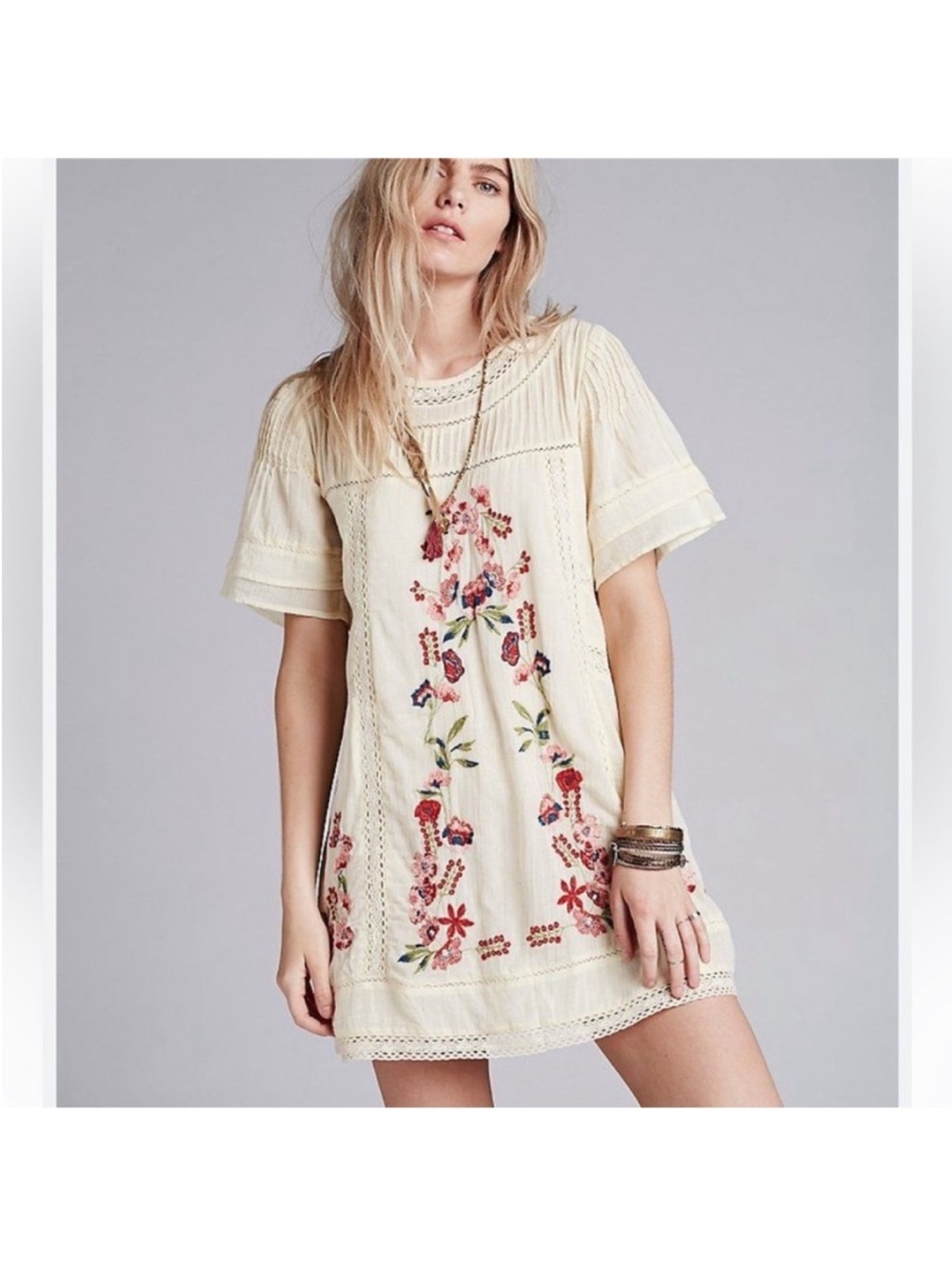 Free People Perfectly Victorian Cream Embroidered Short Sleeve Shift Dress. M